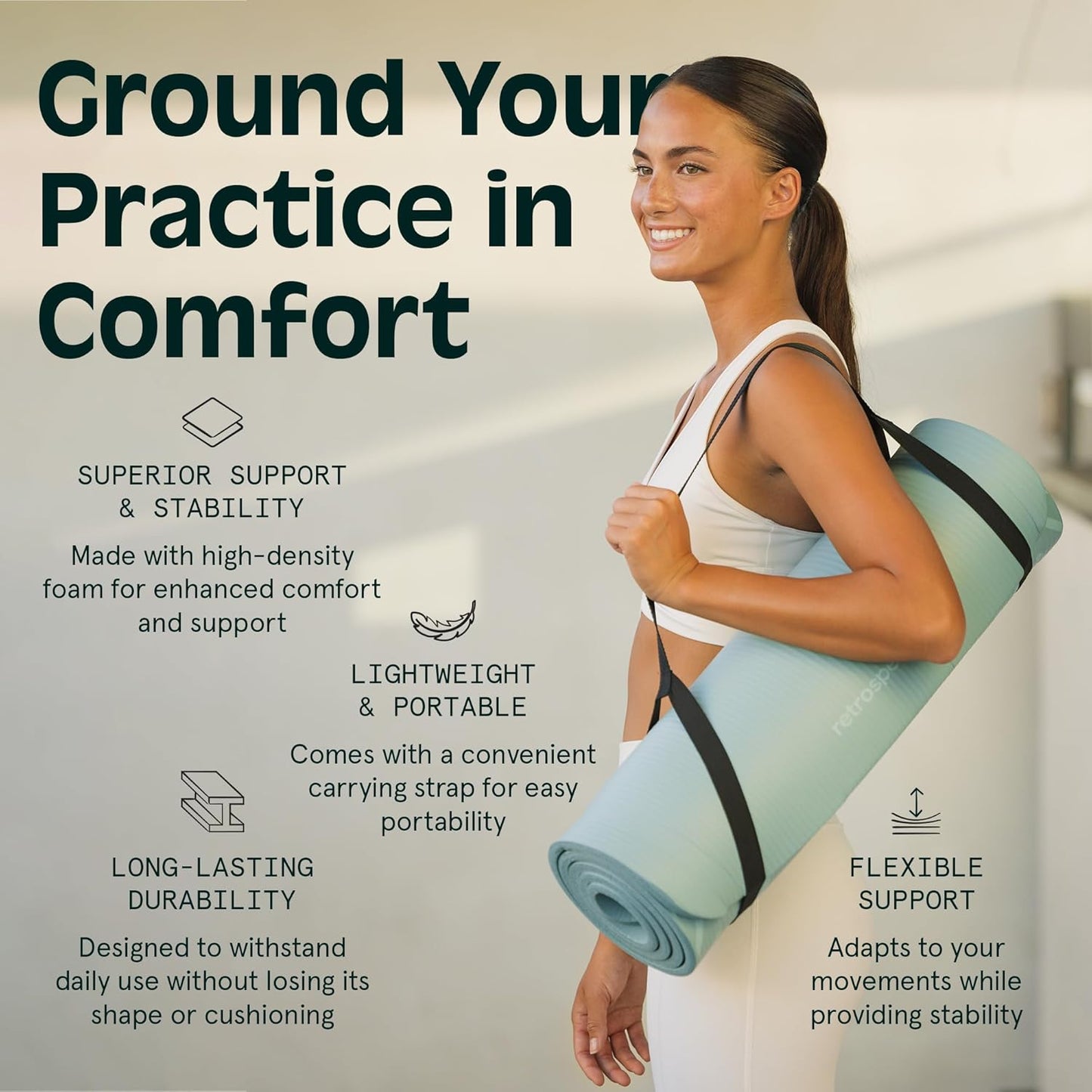 Retrospec Solana Yoga Mat - 1" Thick Non-Slip Exercise Mat for Home Yoga, Pilates & Fitness | Includes Nylon Strap