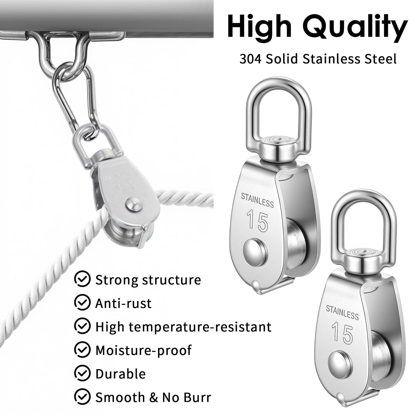 12 Pack M15 Pulleys for Rope, 304 Stainless Steel Wire Rope Cable Pulley, Heavy Duty Swivel Pulley Wheel Hanging Wire Towing Wheel for Lifting