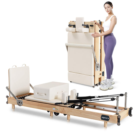 Pilates Reformer Machine, Premium Foldable Pilates Reformer, Durable and Quiet, Pilates Equipment for Home Workouts with Reformer Accessories and Reformer Pilates Box (White)