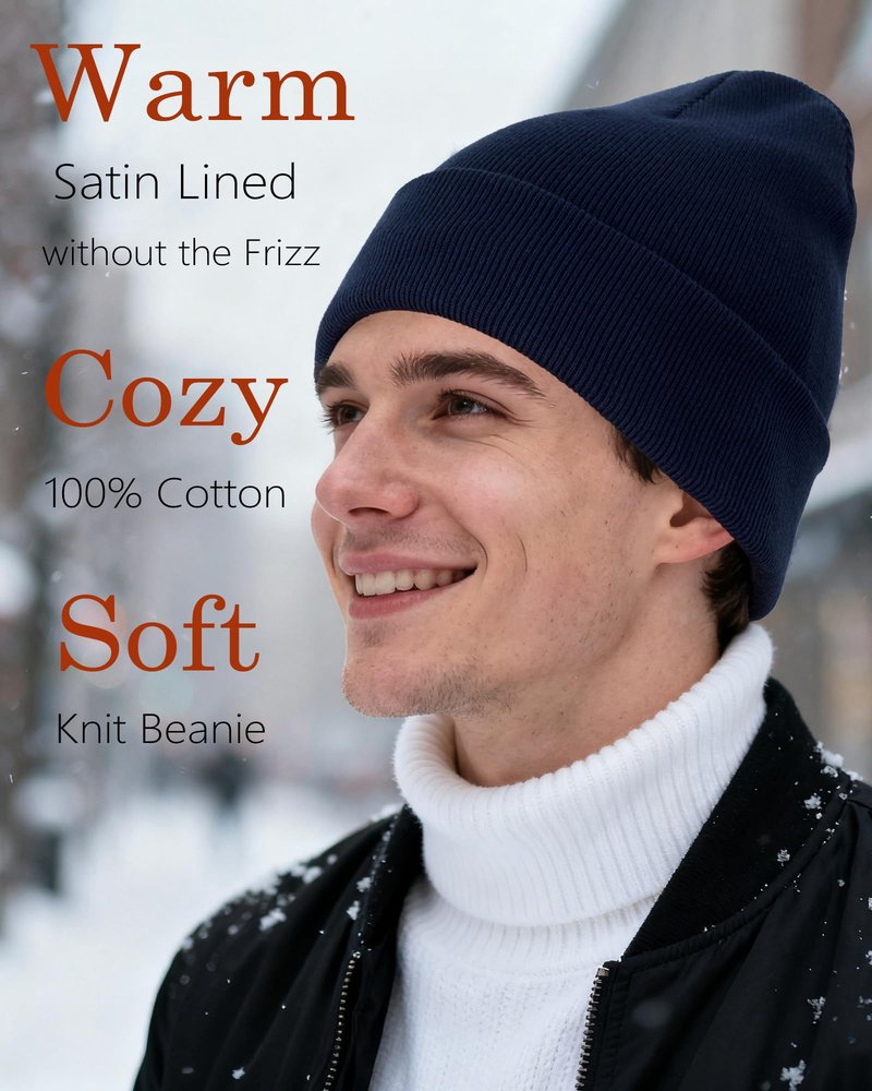 Satin Lined Beanie, 100% Cotton Beanies Hats for Men Women, Slouchy Knit Cuffed Winter Warm Soft Hat, Silk Lining Snug Skull Cap