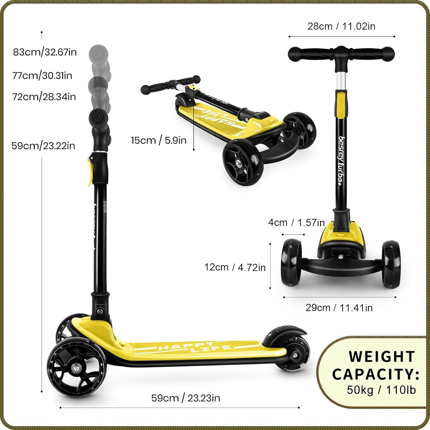 besrey Kick Scooter for Kids Ages 3-10, 3-Wheel Folding Scooter with Adjustable Height, LED Light Wheels, Extra Wide Deck for Outdoor Activities