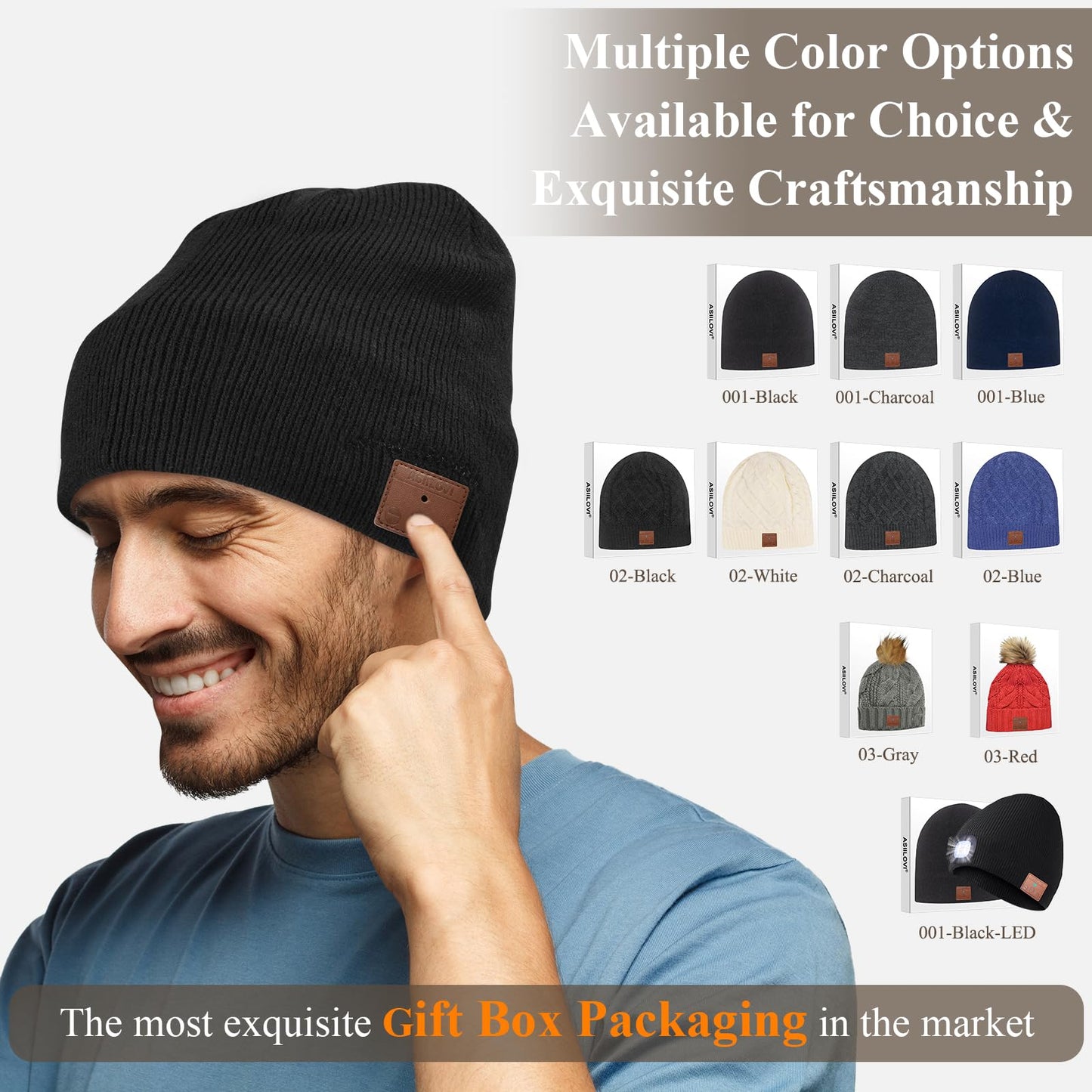 ASIILOVI Bluetooth Beanie, Double-Layer Wool Lining Bluetooth Hat Beanie for Men/Women/Teens/Family, 20hrs Playing, Gift Packaging for Christmas Stocking Stuffers Thanksgiving (001-Charcoal)