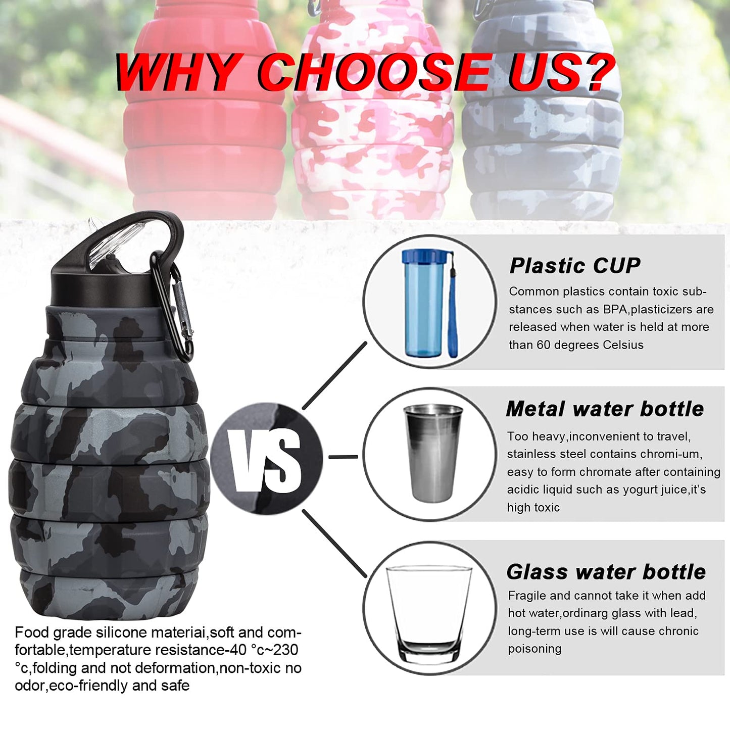 PenghaiYunfei Collapsible Travel Water Bottle18oz, Reuseable Silicone Foldable Water Bottles for Gym Camping Hiking, Portable Leak Proof Sports Water Bottle with Carabiner (Dark gray camouflage cup)