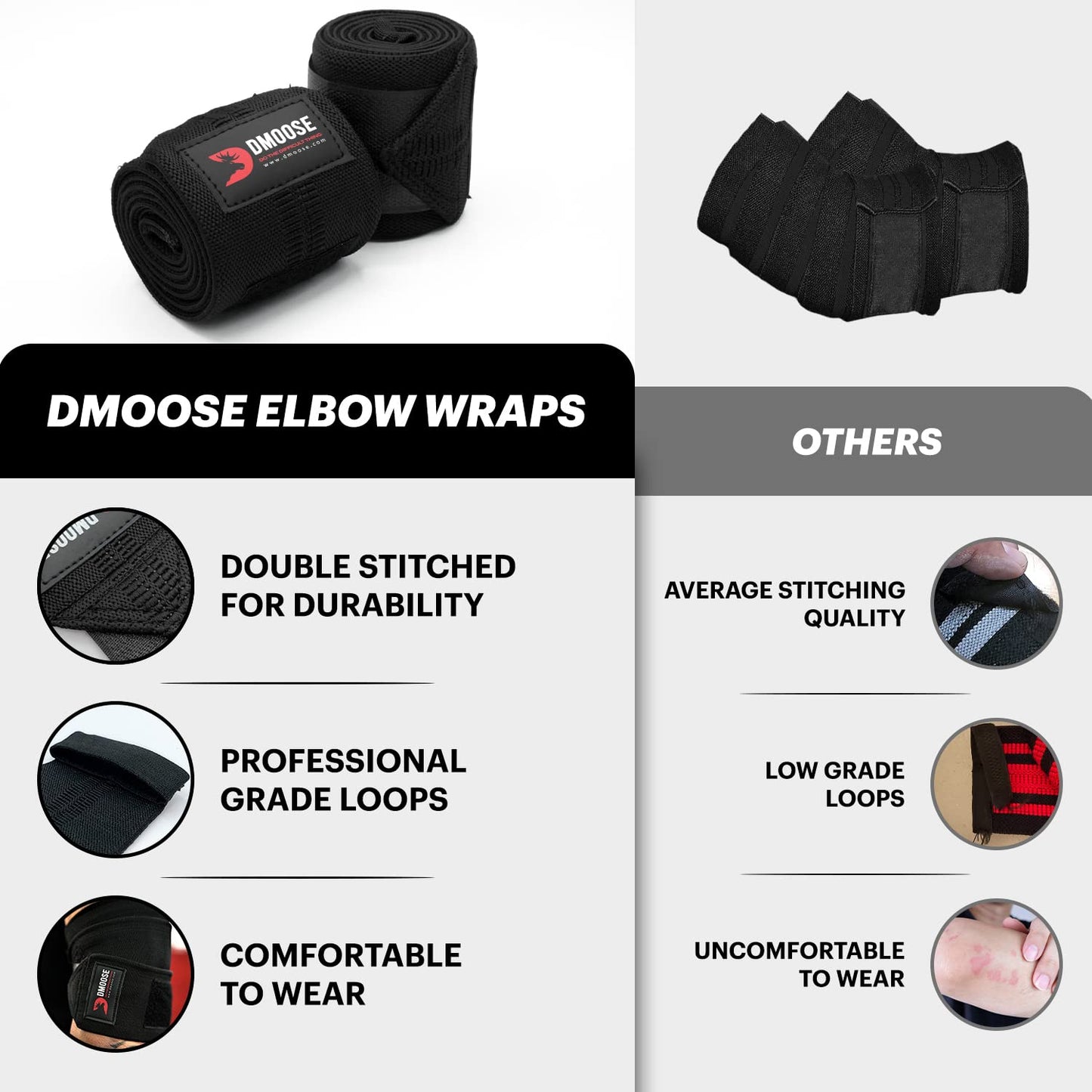 DMoose Fitness Elbow Wraps for Weightlifting, Bench Press, Cross Training & Powerlifting for Men and Women - 40" Nylon (Pair) Elbow Straps - Increases Stability of Joints and Support Injury Recovery