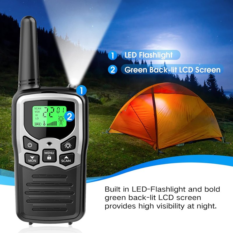 MOICO Long Range Walkie Talkies - Two-Way Radios with 22 Channels, LCD Display & LED Flashlight | Perfect for Camping & Hiking (2 Pack, Silver)