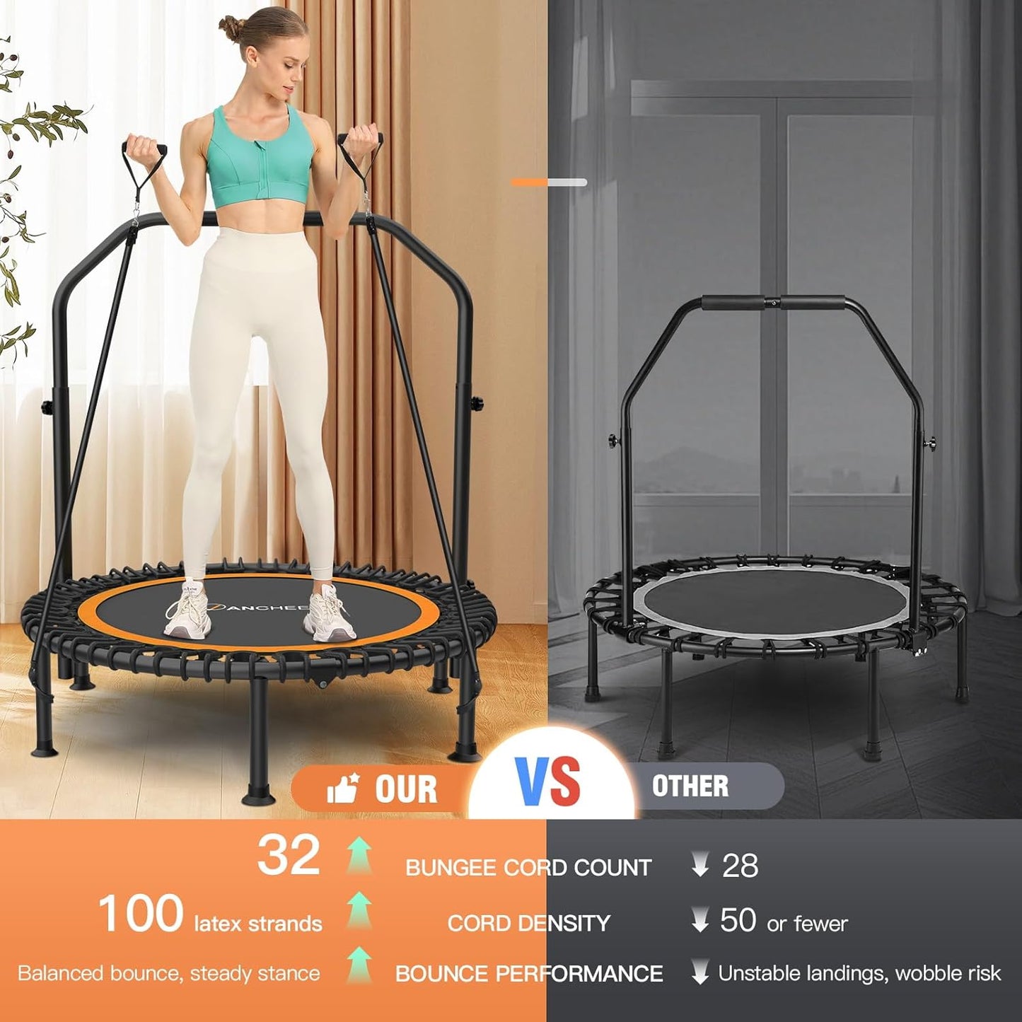 ANCIHER Foldable Mini Trampoline - 40"/48" Indoor Exercise with Adjustable Handle & Resistance Bands | Max Load 450lbs/550lbs