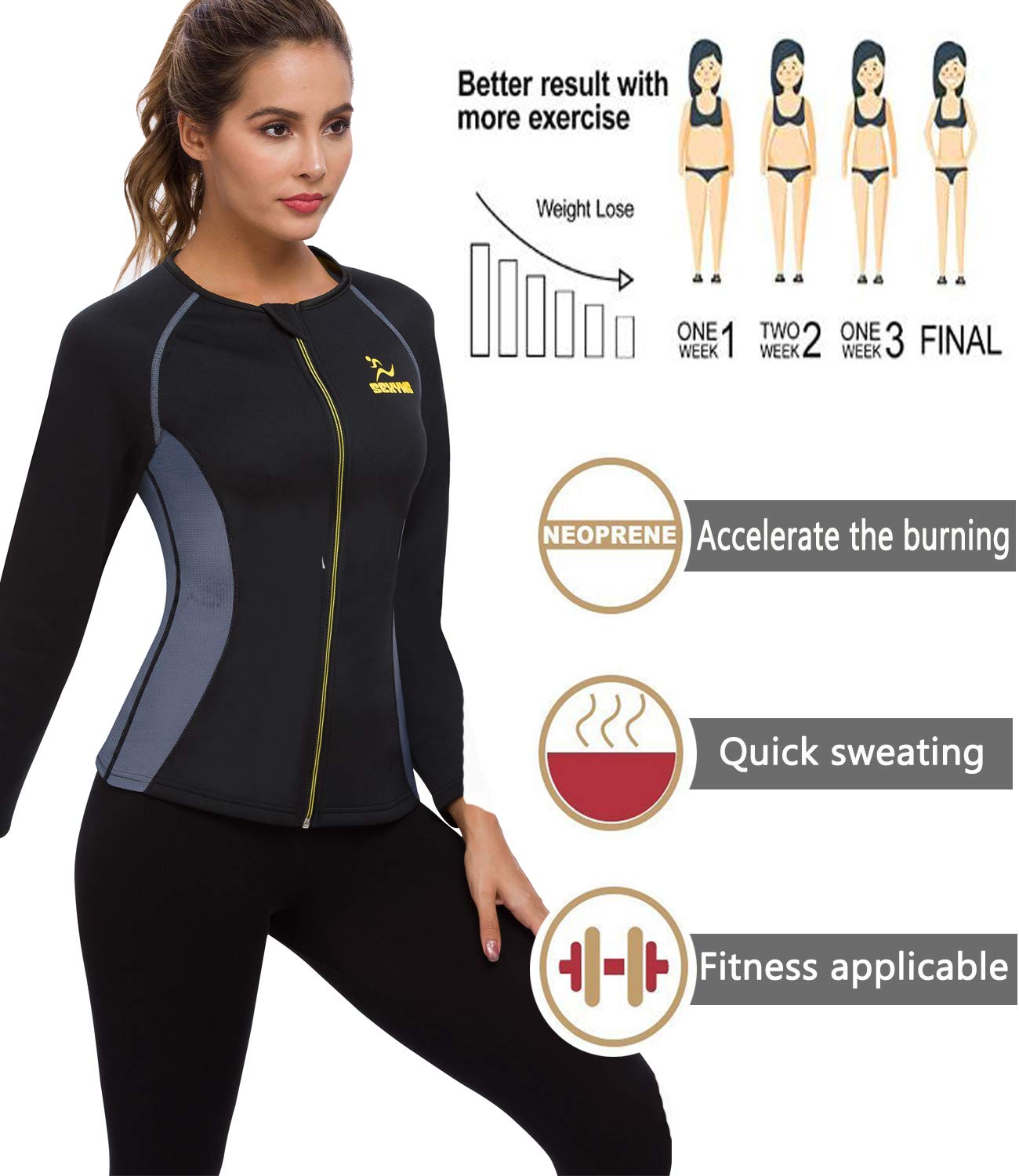 SEXYWG Women Sauna Shirt Neoprene Sauna Jacket Weight Loss Top Suit Workout Body Shaper Long Sleeve