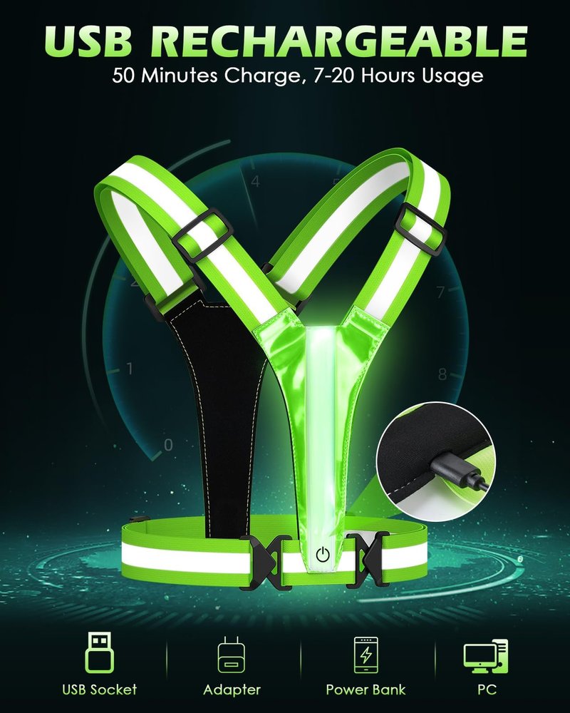 Zacro LED Reflective Vest Running Gear, 5 Lights Colors High Visibility Rechargeable Light Up Running Vest for Runners Night Walking Cycling, Adjustable for Men Women Kids (2 Pack)