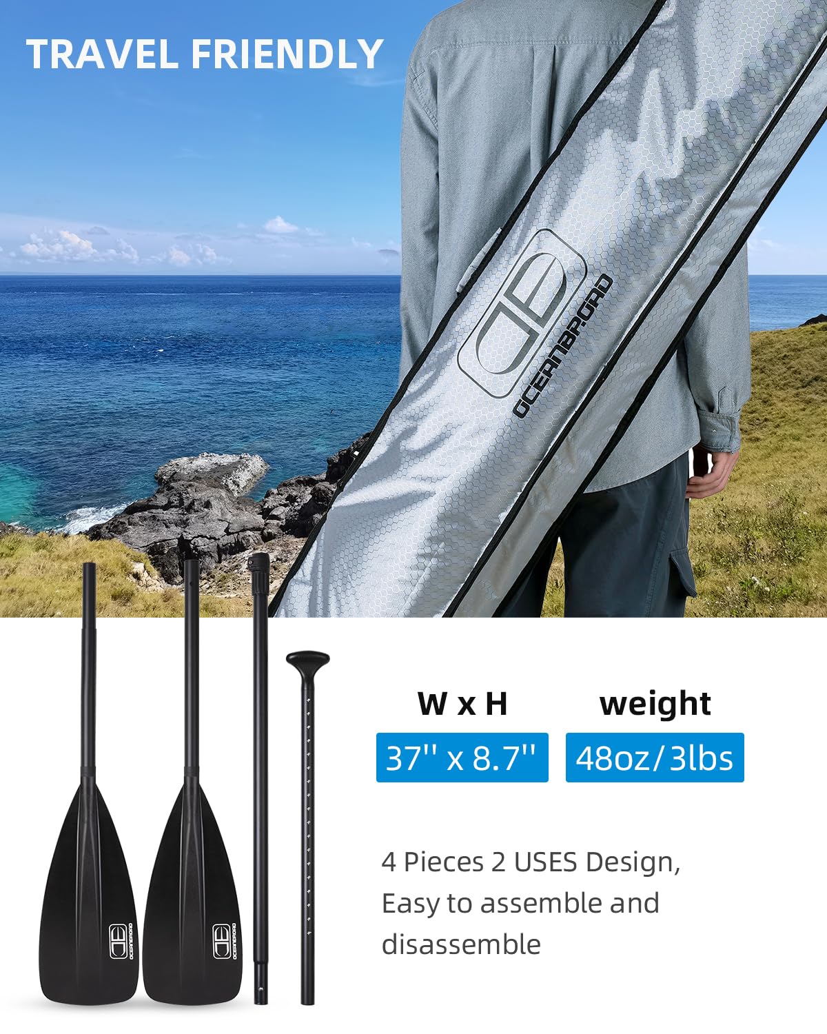 OCEANBROAD SUP Paddle - Adjustable Stand-Up Paddle for Paddleboard Kayak, Adjustable Aluminum Alloy Shaft 68" - 84", 4-Piece, Black