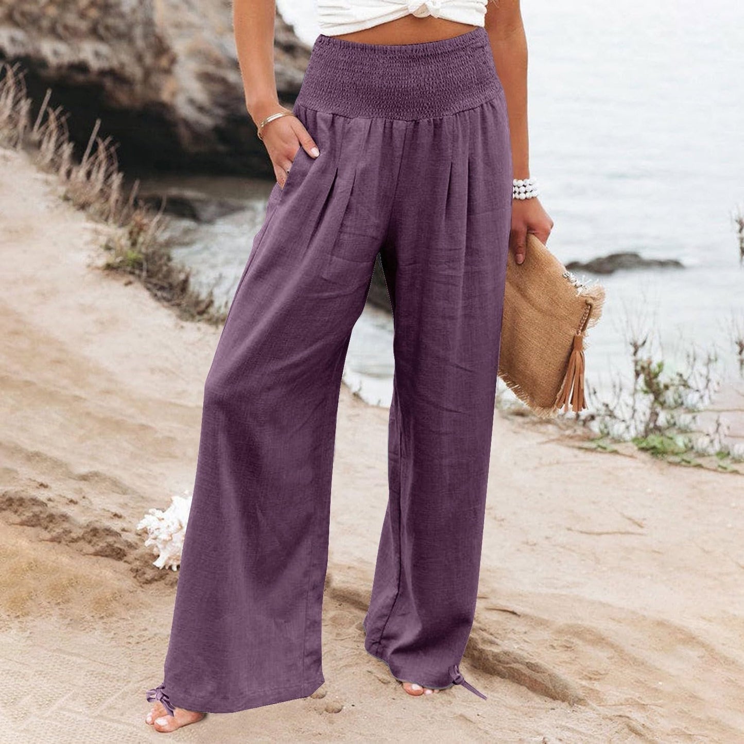 Hesxuno Linen Pants Women Wide Leg Yoga Pants Summer Lightweight Palazzo Pants Summer Flowy Lounge Pants Casual Loose Comfy Pants Casual Long Pants Soft Beach Pants Baggy Trousers with Pockets