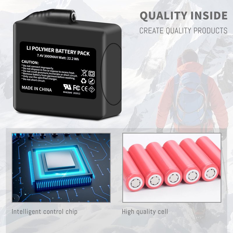 2Pack 3000mAh Lithium-ion Battery Pack for Heated Gloves, Socks, Hats, Mittens, Vest, Jacket, Hand Muff, Boots, Hat, Knee Braces Suit battery Pack Upgraded Version 7.4V 3000mAh Battery Rechargeable
