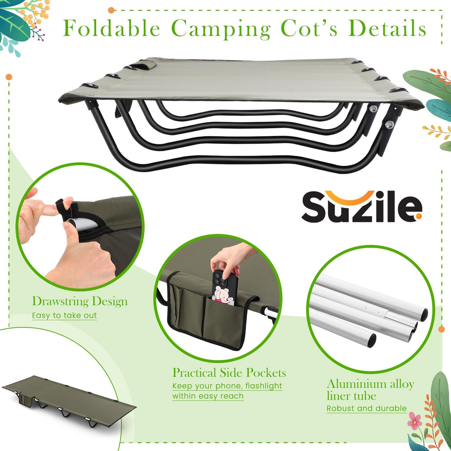 Suzile 2 Pack Lightweight Cots Backpacking Cot Supports 330 Lbs Sleeping Cots for Adults Easy Assemble Portable Folding Cot with Carry Bag Military Compact Cots for Camping Travel Hiking（Army Green）