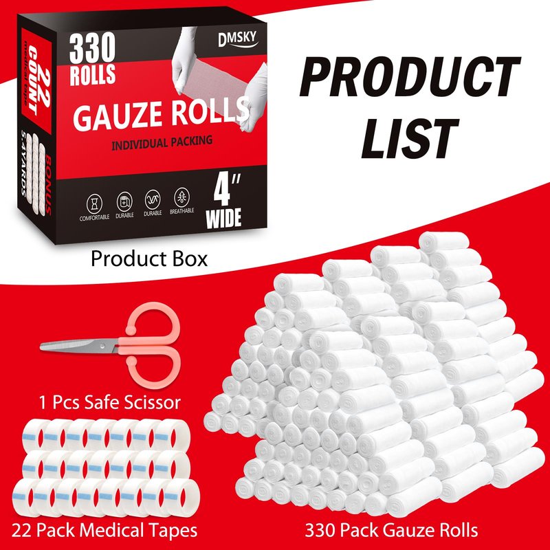DMSKY 330 Pack Gauze Rolls, 4 in x 4.1 Yards, Individually Wrapped Breathable Rolled Gauze, Premium Bandage Wrap Rolled Gauzes, Mummy Wraps