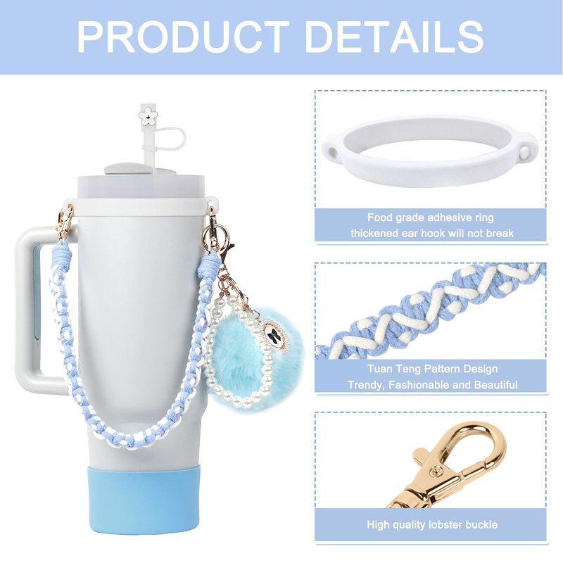 BELSITA Stanley Cup Accessories Set, Pom Pom Pearl Chain Braided Design Water Bottle Handle Strap, Silicone Stanley Cup Boot, Stanley Charms for Stanley Cup 30/40oz Tumble (Green)