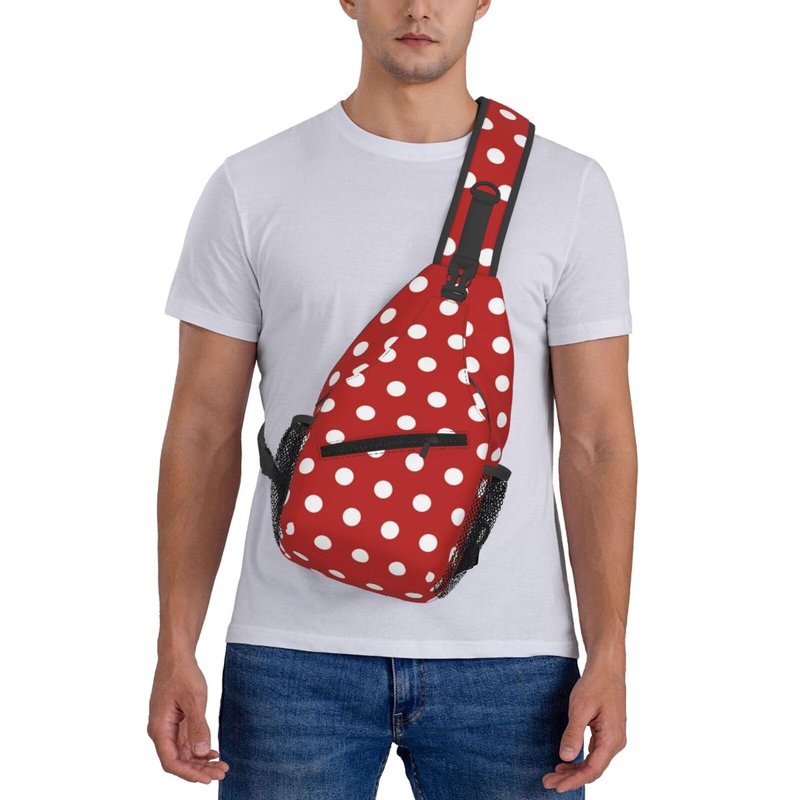QISENTIS Polka Dots Sling Bag for Women Crossbody Bag Abstract White Small Circle Dot Geometric Pattern on Red Background Sling Backpack for Men Dot Pattern Shoulder Bag Gym Travel Hiking Daypack