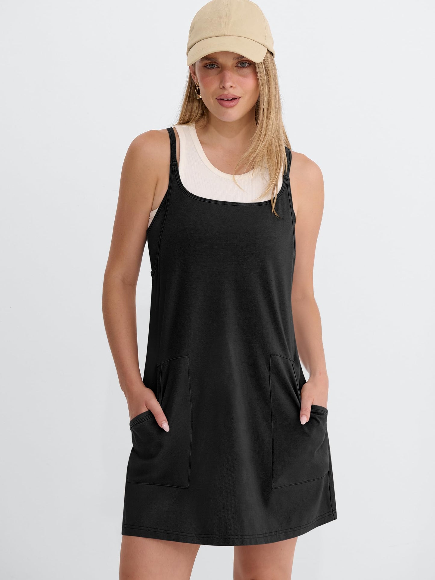 ANRABESS Women Athletic Tennis Dress 2026 Summer Square Neck Active Romper Built in Shorts Casual Athleisure Mini Dresses Black Small