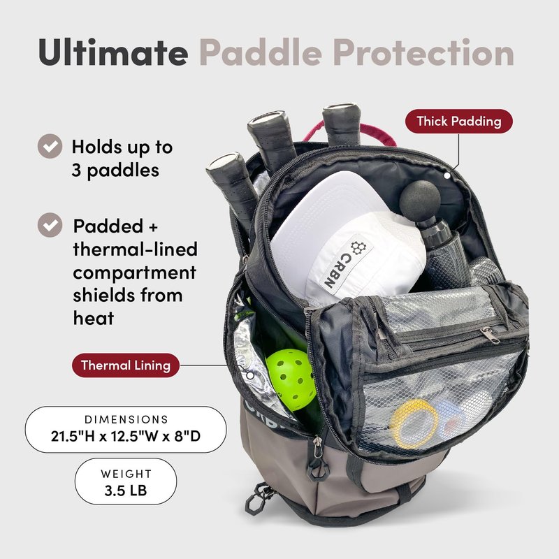CRBN Pickleball - Backpack - Pro Team Pickleball Bag - Padded Compartment with Space for 3 Paddles, Shoes & More