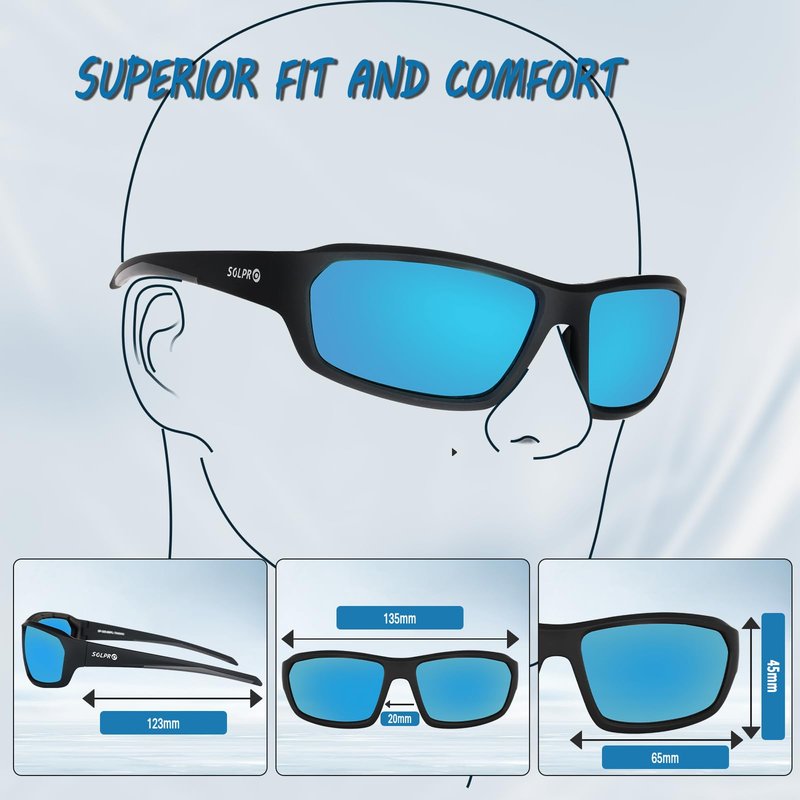 SOL PRO Blue Mirror Polarized Sunglasses for Men Women – TR90 Frame & EVA Foam Seal, Anti-Glare for Fishing, Boating & Beach Sports