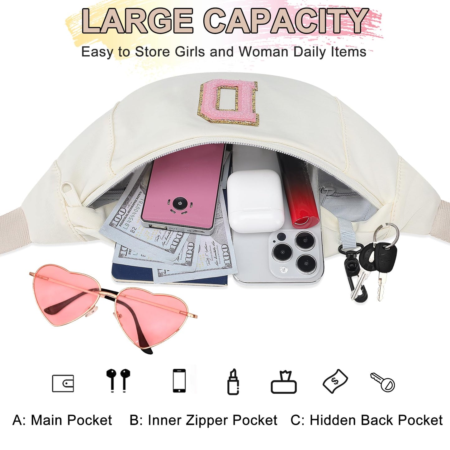 MAXTOP Birthday Gifts for Women Men,Personalized Initial Letter Patch Fanny Pack Crossbody Bag with 3-Zipper Christmas Gift Trendy Stuff for Daughter Sister Her,Beige D