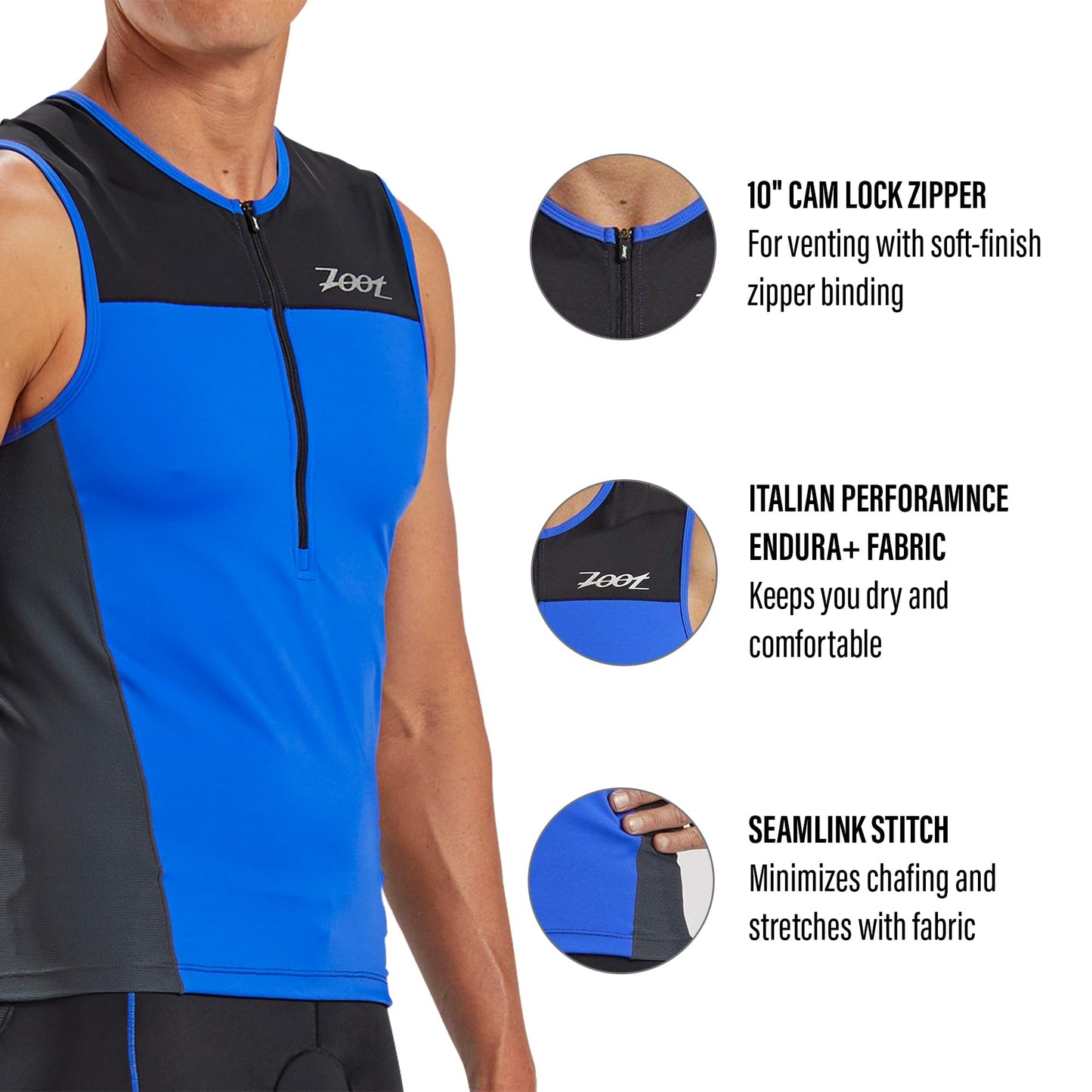 Zoot Men’s Core Tri Tank – Men’s Performance Triathlon Tank Top with 3 Back Pockets, Mesh Panels, and Cam Lock Zipper (Royal Blue, Small)