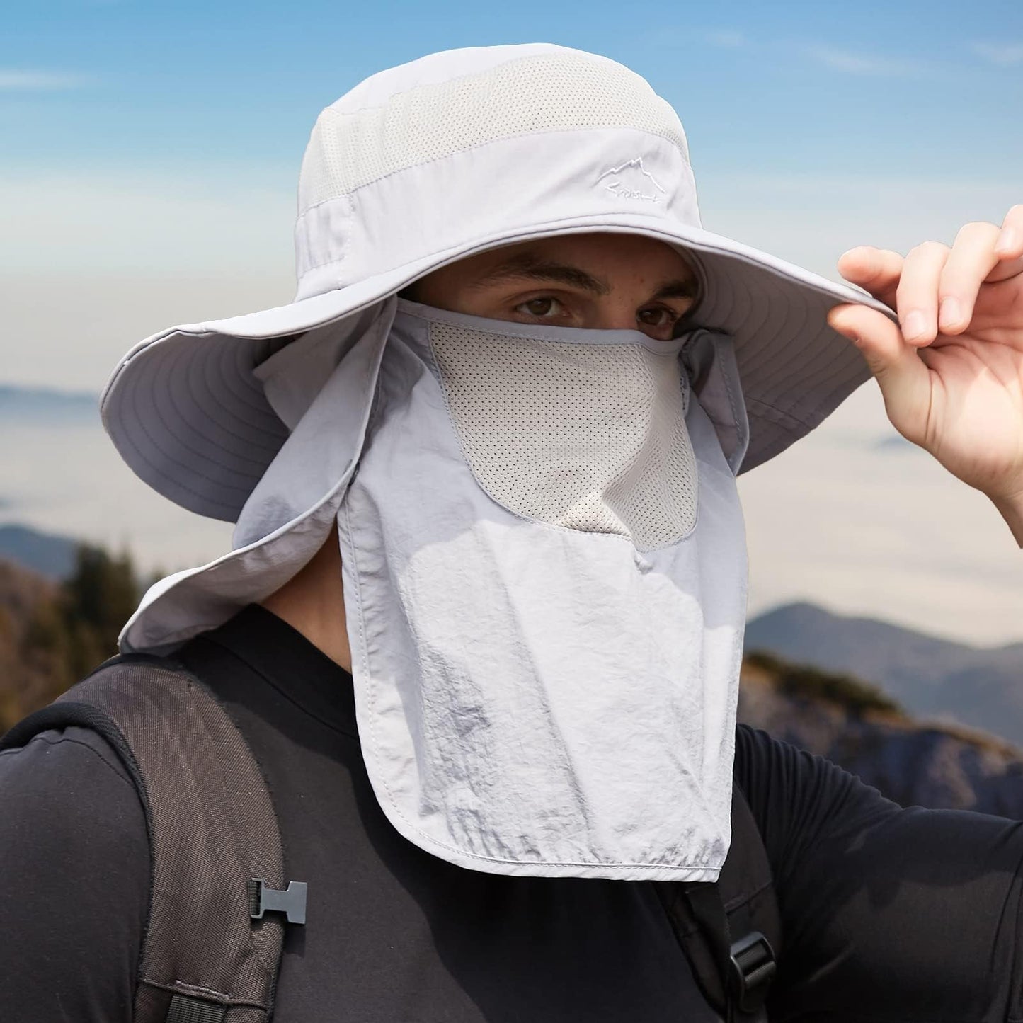 Fishing Hat for Men Sun Protection Hat with Removable Mesh Face Neck Flap Cover Windproof Strap for Men and Women Light Gray