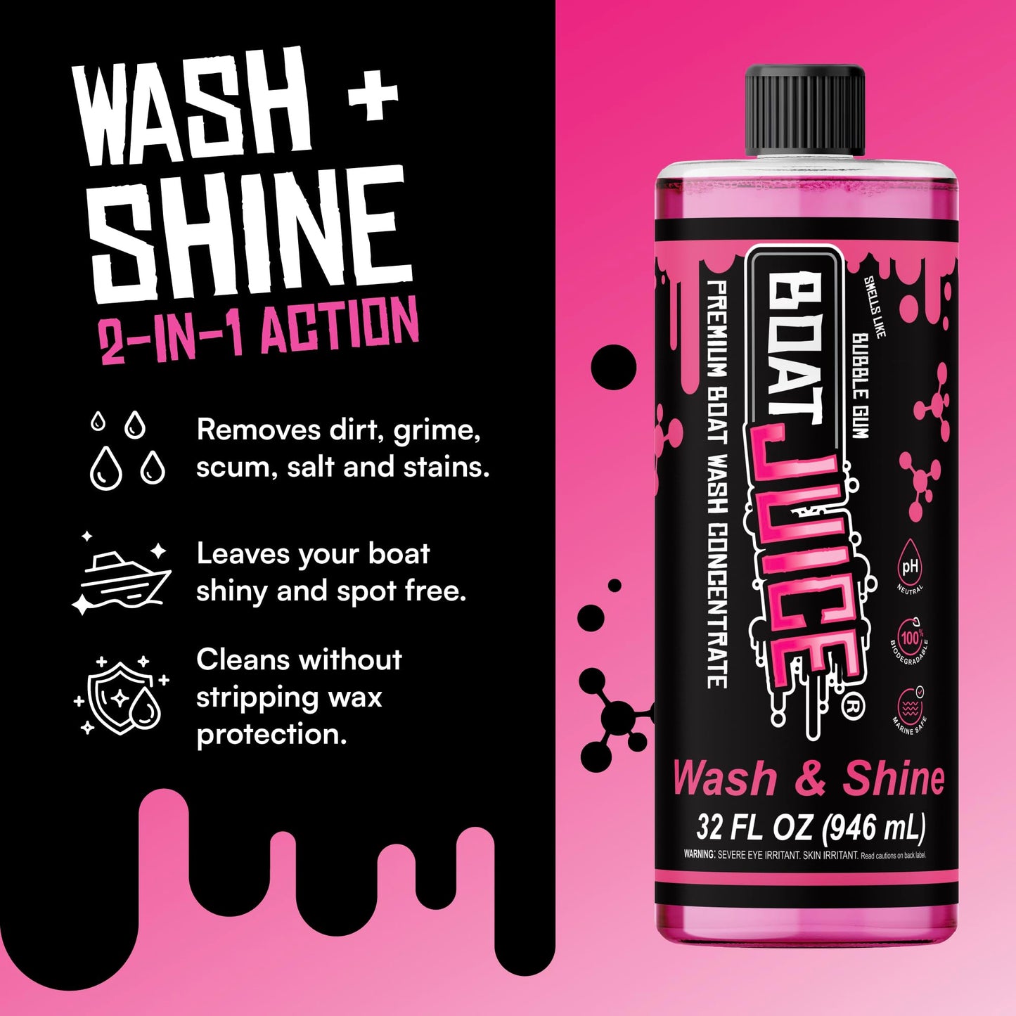Boat Juice Boat Wash Kit | pH Neutral Soap Boat Cleaner | HydroSuds Sprayer, 2in1 Wash Mitt, XL Microfiber Towel | Bubble Gum Scent | Marine Detailing & Cleaning | Made in USA (32oz)