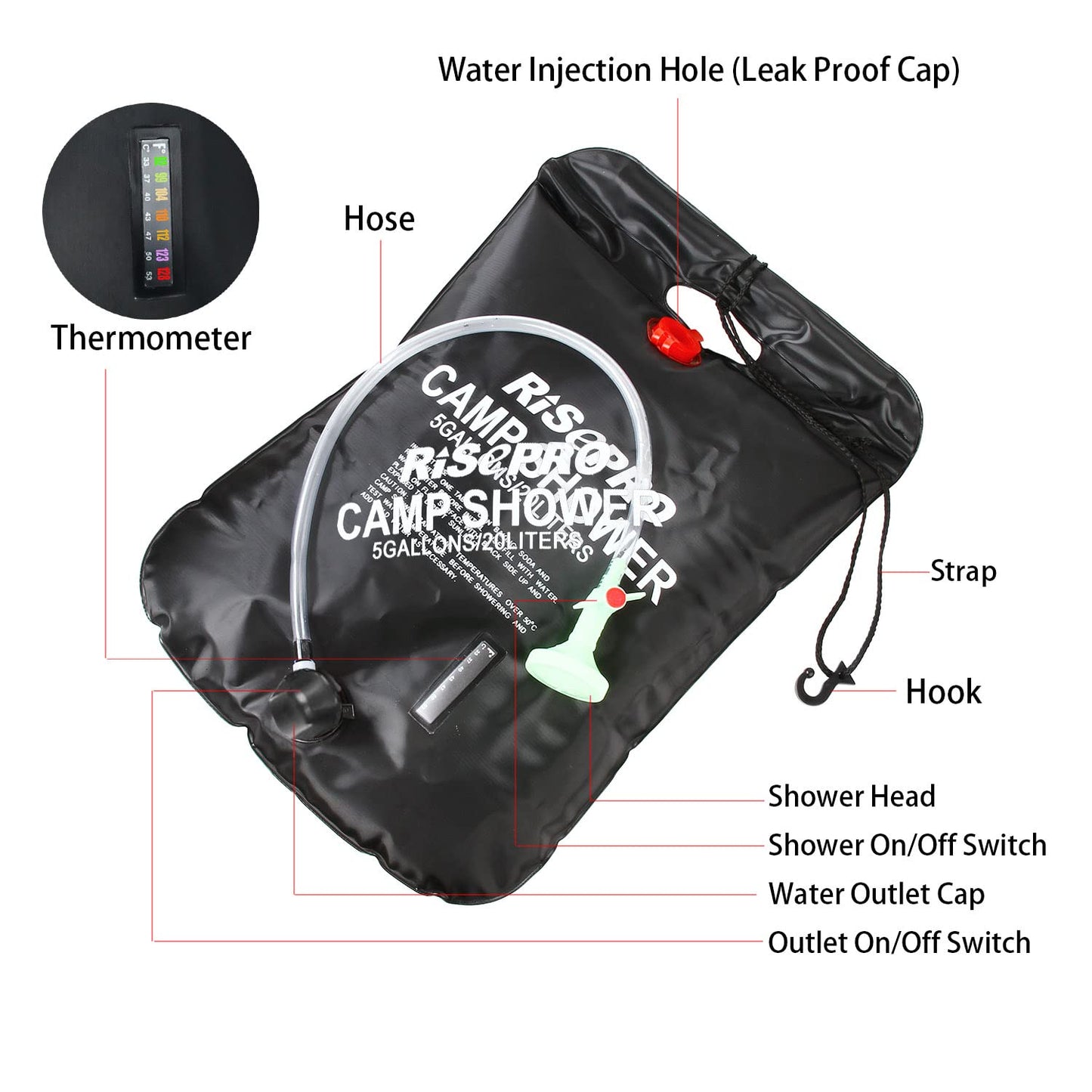 Solar Shower Bag, RISEPRO® 5 gallons/20L Solar Heating Camping Shower Bag Temperature Indicator Hot Water 45°C Hiking Climbing C1004