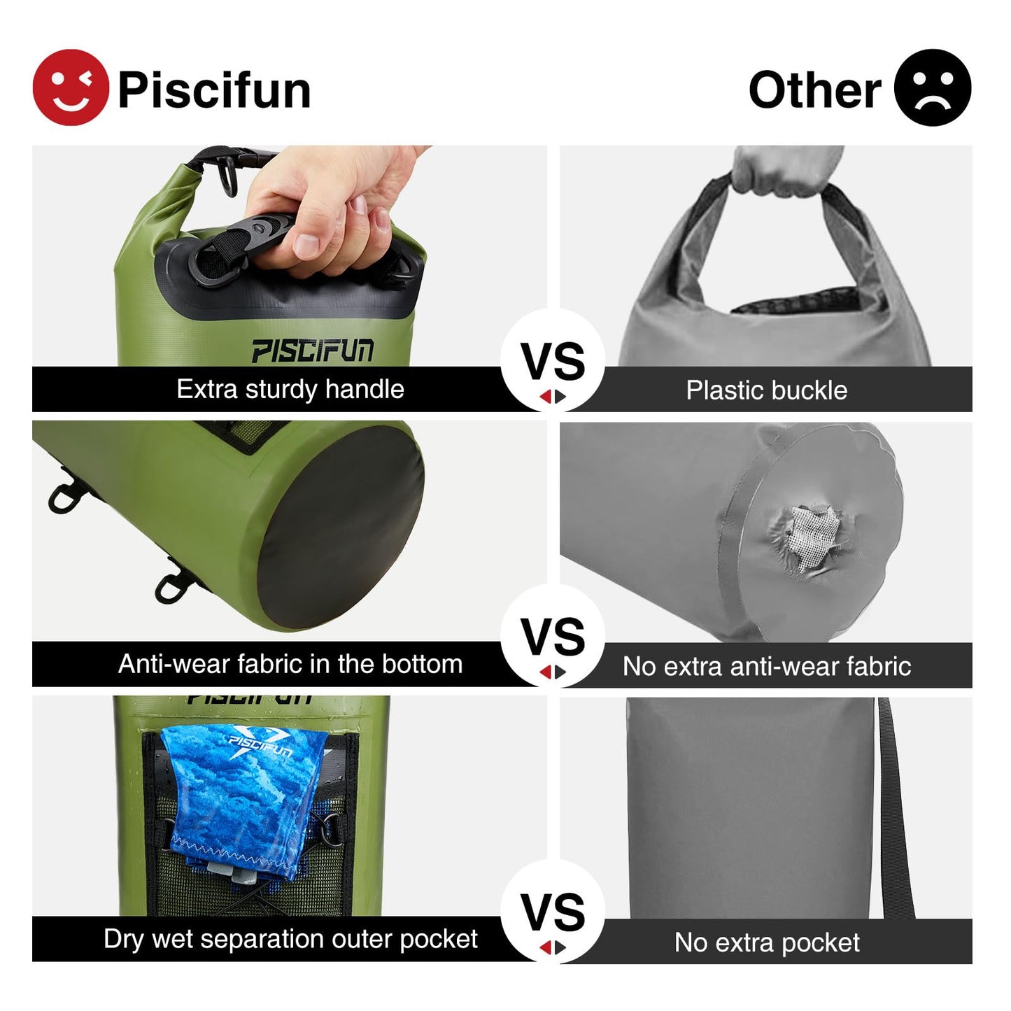 Piscifun Dry Bag, Waterproof Floating Backpack 20L with Waterproof Phone Case for Boating, Kayaking, Fishing, Army Green 20L