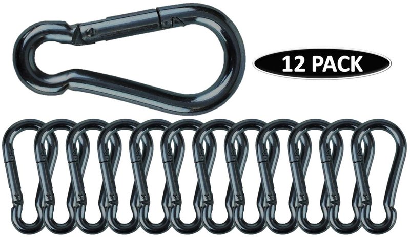 Branded Boards Black & Silver Zinc-Galvanized Heavy Duty Bushcraft Carabiner Spring Snap Clip Link Hooks 200-500lb Load 2, 6 & 12 Packs (Black-7cm-12 Pack)