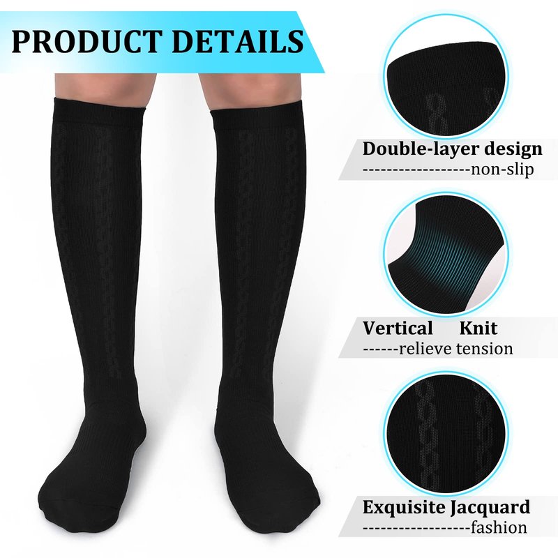 Hi Clasmix 30-40mmHg Medical Graduated Compression Socks for Women&Men Circulation-Compression Stockings-Knee High Socks for Support,Hiking,Running(2 Pack Black,S-M)