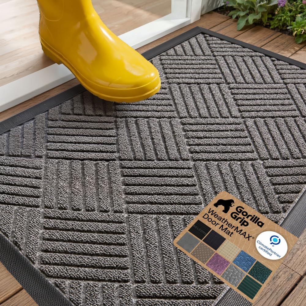 Gorilla Grip Waterproof All-Season Doormat - Natural Rubber, Stain & Fade Resistant | 29x17 Gray Diamond