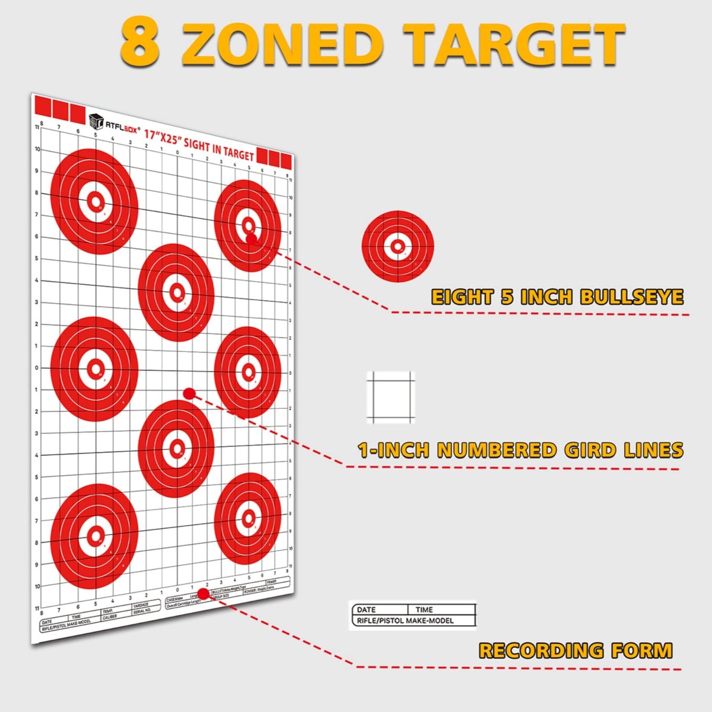 Atflbox Sight in Shooting Range Paper Target, 17X25 Inch Paper Red Bullseye Shooting Targets Suitable for Handgun, Rifle, Pellet Gun, Airgun, BB Guns, Airsoft (50 Pack)