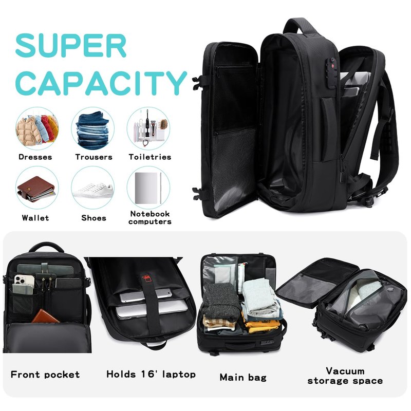 Cusangel Vacuum Backpack for Travel with Portable Electric Pump,Vacpack Pocket Compression Air Pump, 45L Expandable Airback (with Vacuum pump)