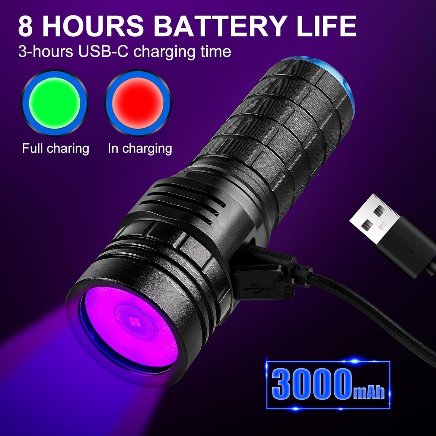 High-Power 365nm Black Light Flashlight - Rechargeable UV Light for Pet Urine Detection | Bed Bug & Jade Exploration
