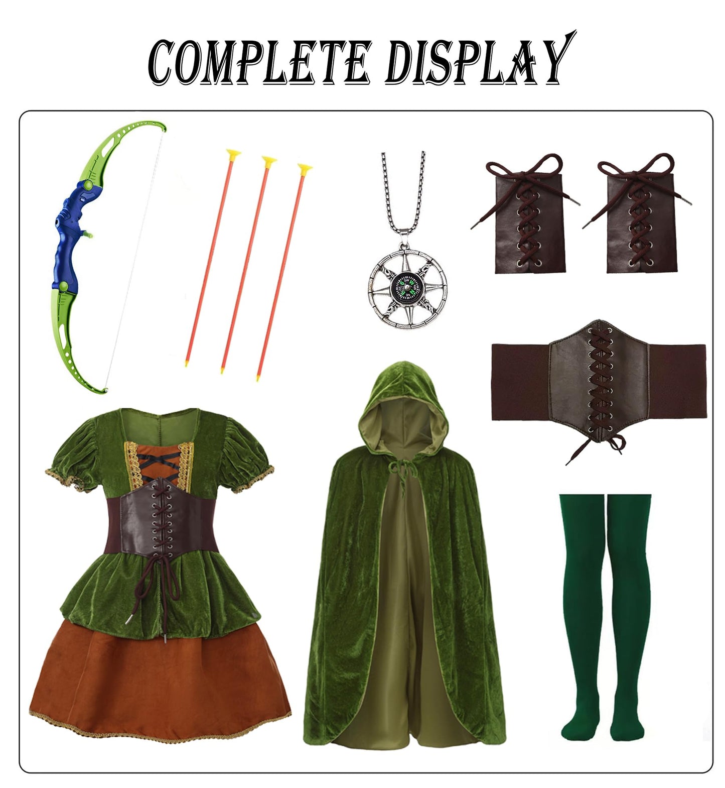 Mecamelon 7 Pcs Archer Costume for Girls Medieval Renaissance Hunter Dress Costume with Cape (Green, 7-8 Years)