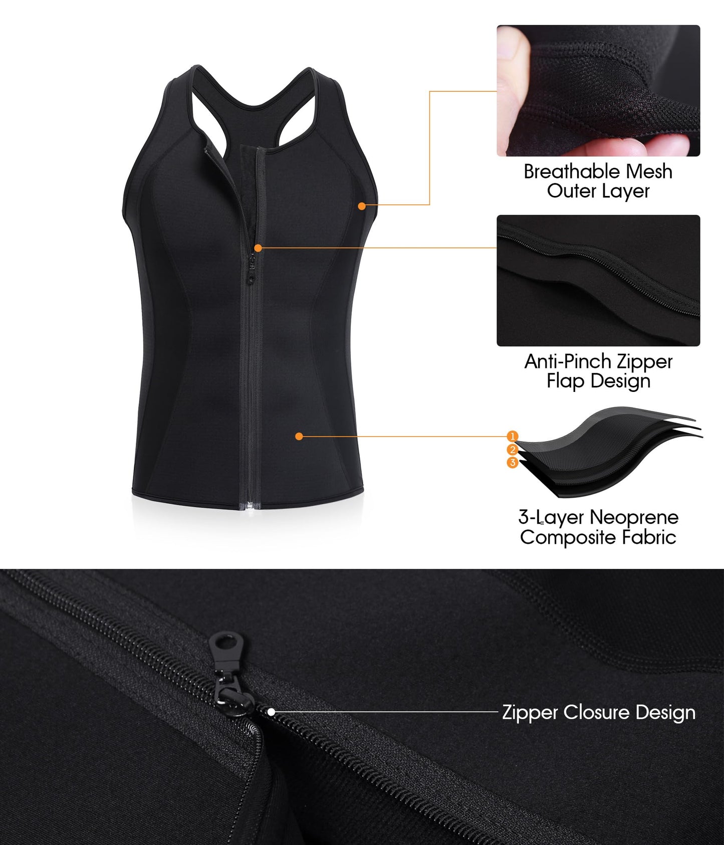 BRABIC Hot Sauna Sweat Suits,Zipper Closure Tank Top Shirt for Weight Lost,Waist Trainer Vest Slim Belt Workout Fitness-Breathable, Neoprene Fabric (Black Sauna Tank Top, 3XL)