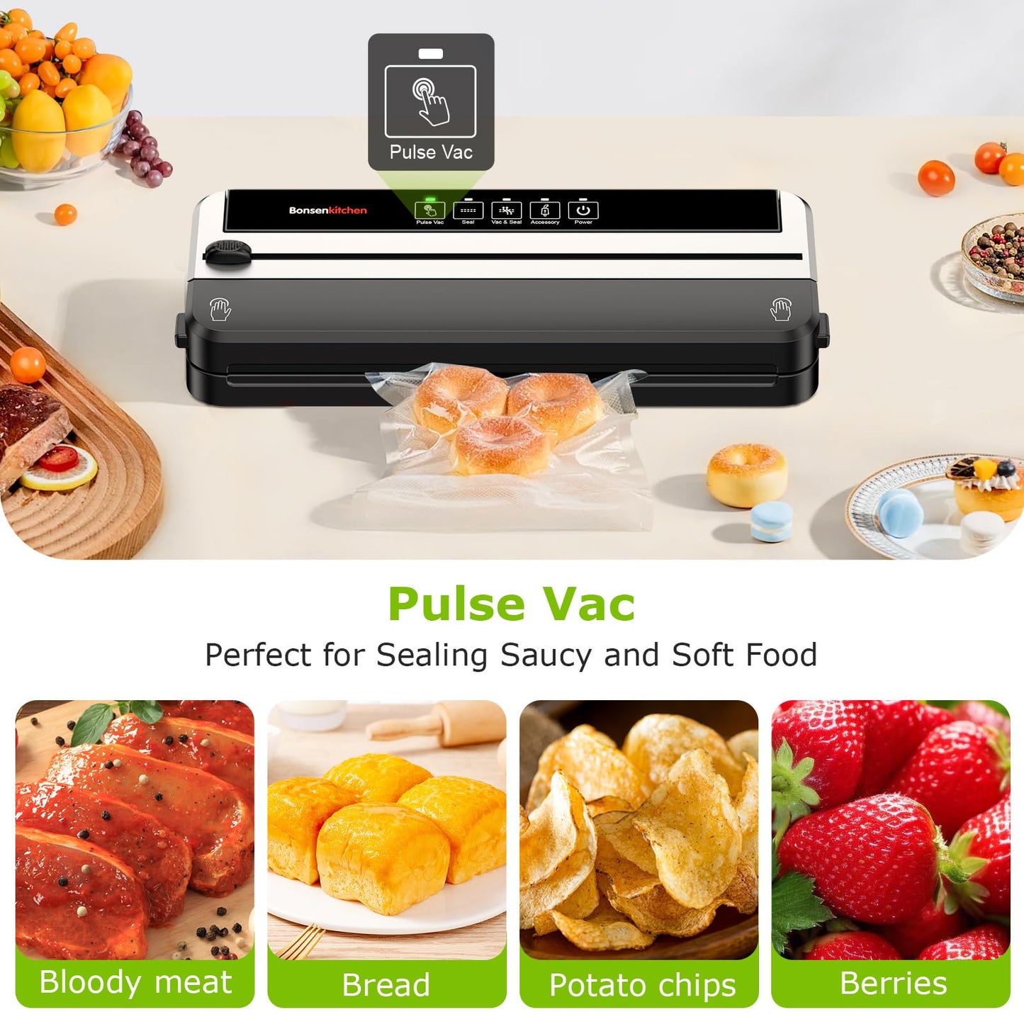 Bonsenkitchen Vacuum Sealer Machine, Built-in Cutter | Multifunctional Food Sealer for Sous Vide & Meal Prep, 5 Pre-Cut Bags, Black