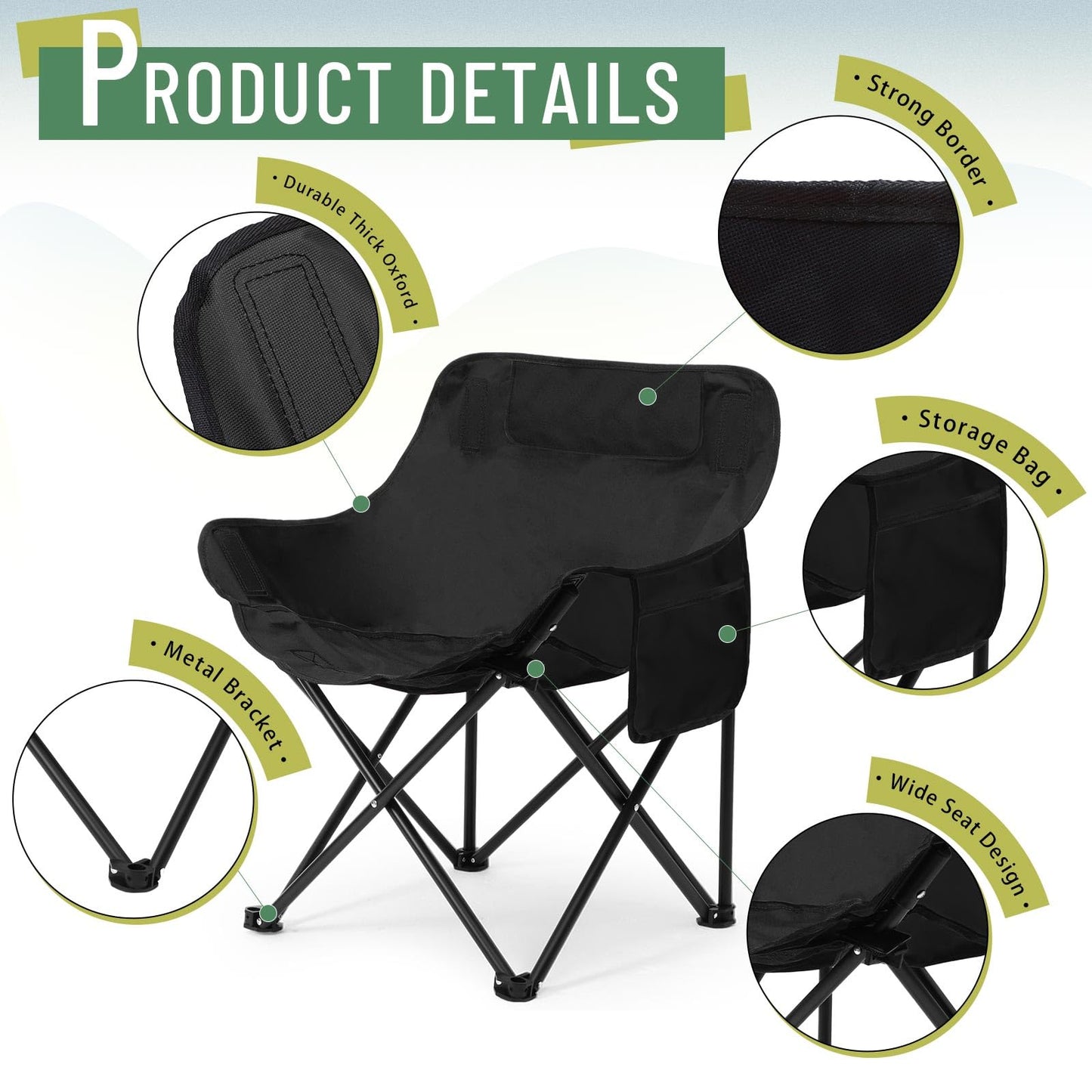 Seeloowy 2 Pack Compact Camping Chair Portable Folding Chairs for Outside with Carry Bag Lightweight Moon Chairs for Travel Picnic Hiking Beach Fishing, 600D Oxford, Supports 330lbs (Green, Black)