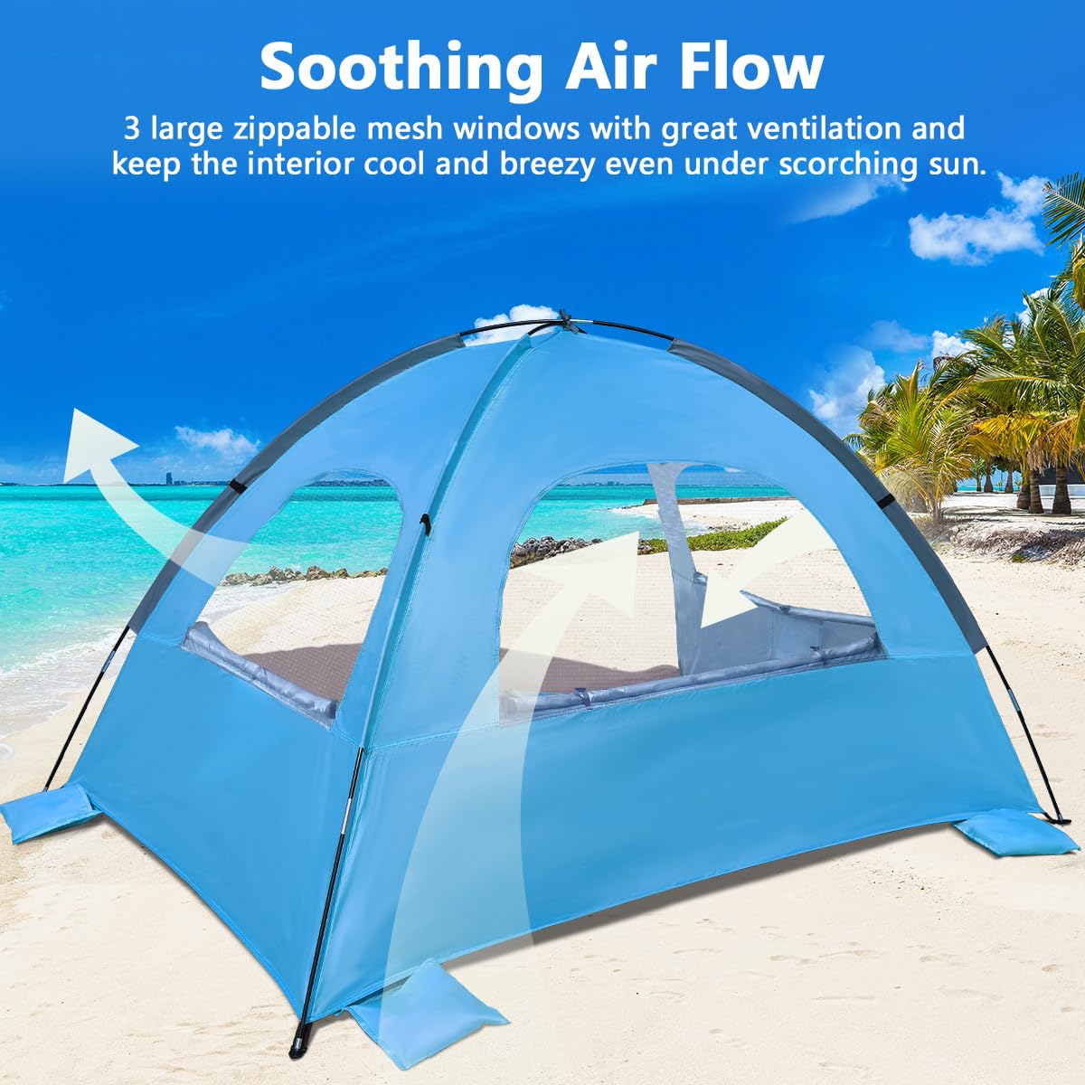 NXONE Beach Tent Sun Shade Shelter for 2-3 Person with UV Protection, Extended Floor, 3 Mesh Roll Up Windows & 8.0mm Fiberglass Rods丨Carry Bag Included (Sky Blue)