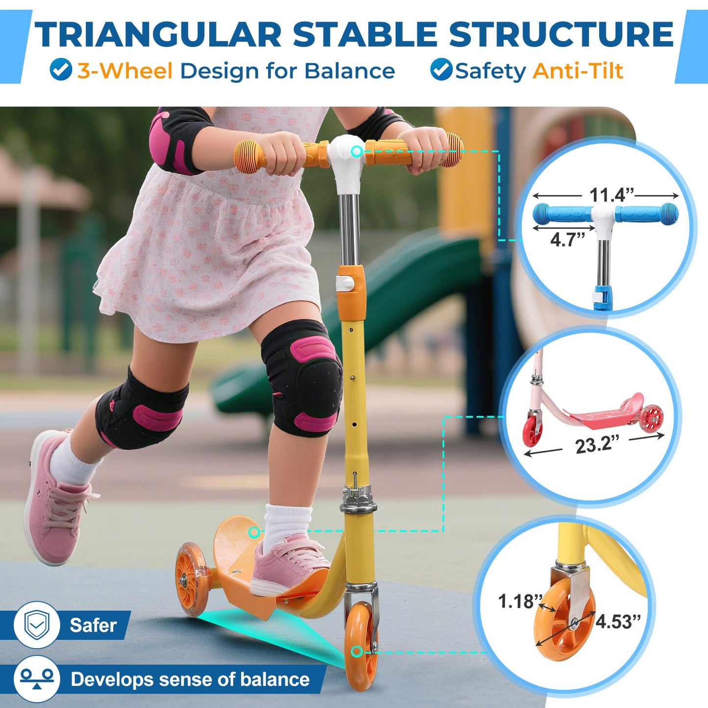 3 Wheel Scooter for Kids Ages 3-6, Adjustable Height Kick Scooter with LED Light-Up Wheels & Anti-Slip Deck - Durable Metal Construction, Outdoor Toy Gift (Child Safety Certified)