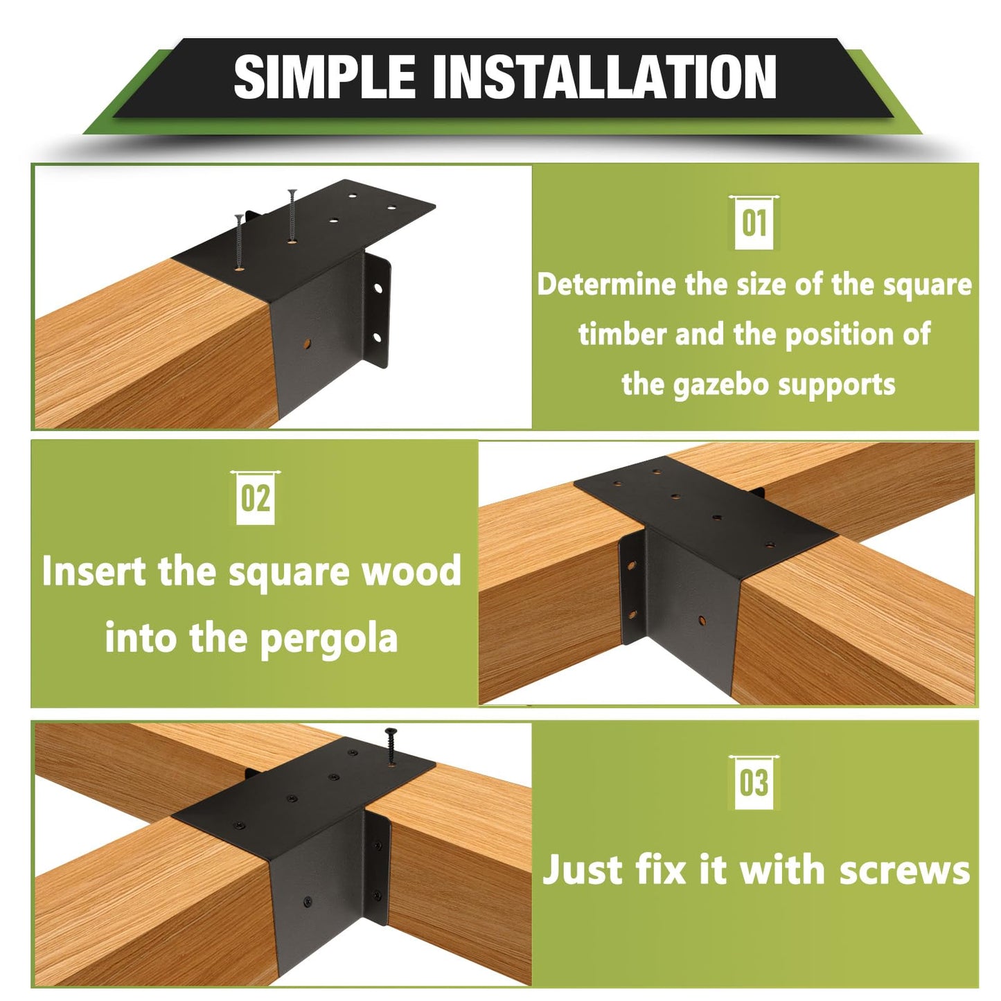 6 Pcs Pergola Brackets，4“x 4"( Actual 3.6 "x 3.6") Post Top Rafter Brackets, Pergola Kit, Gazebo Brackets Wall Mount Bracket Kit for Wood Posts Pergola Post Connector or Deck Railing