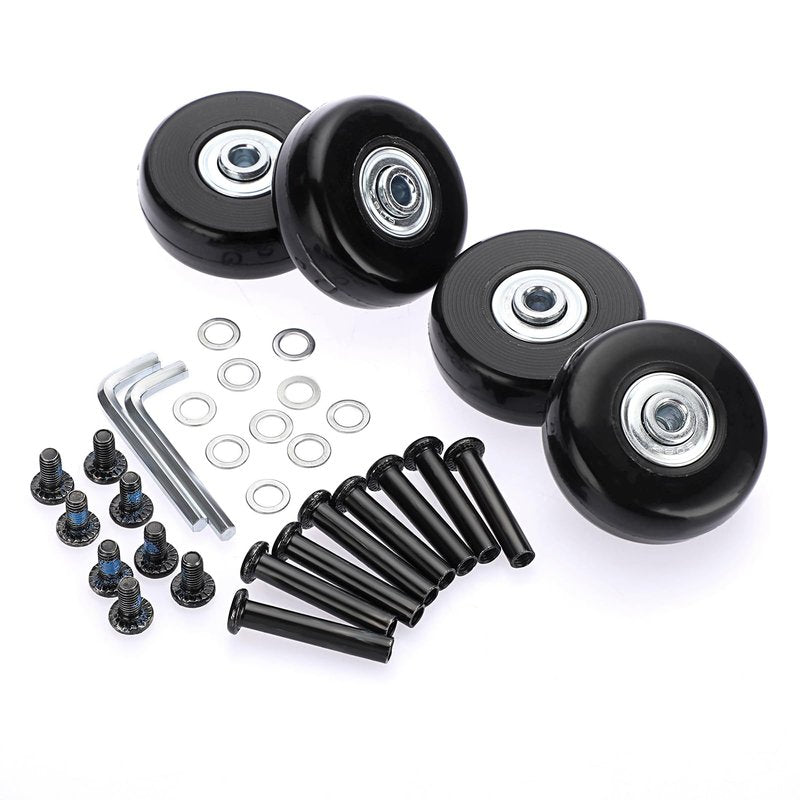 OwnMy 45mm x 18mm Luggage Wheels Replacements Set of 4 Mute Suitcase Replacement Wheels with Black Screws Axles Bearings, Rotatable Rubber Luggage Replacement Wheels Silent Suitcase Swivel Wheels Kit