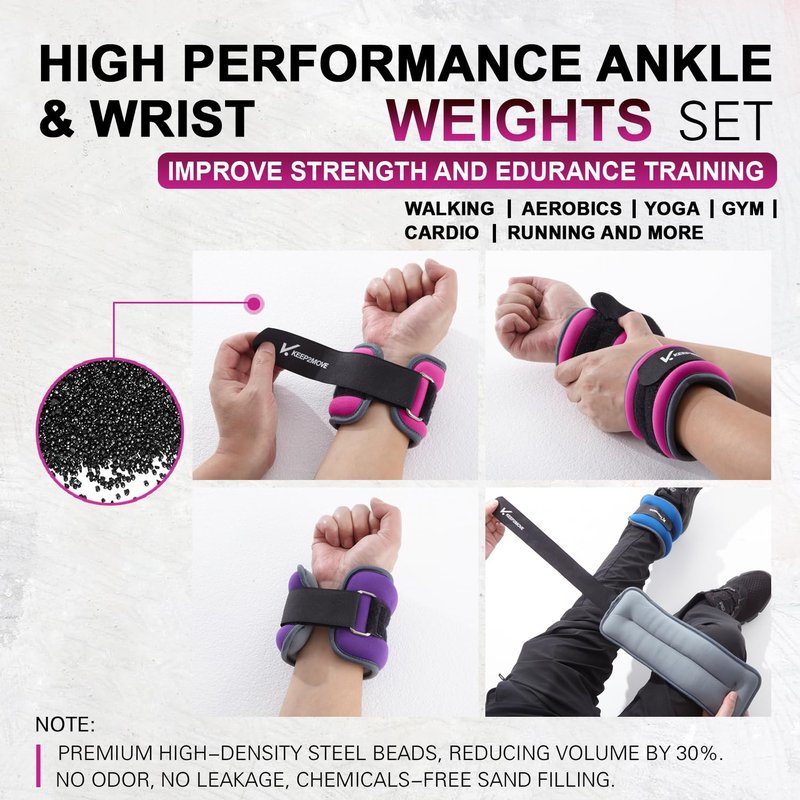 KEEP2MOVE Ankle Weights for Men Women Kids 1 Pair 0.65Lb 1Lb 2Lbs 3Lbs Each, Rectangular Strength Training Wrist Weights with Adjustable Strap for Walking, Running, Pilates, Yoga, Dance, Aerobics, Cardio Exercises