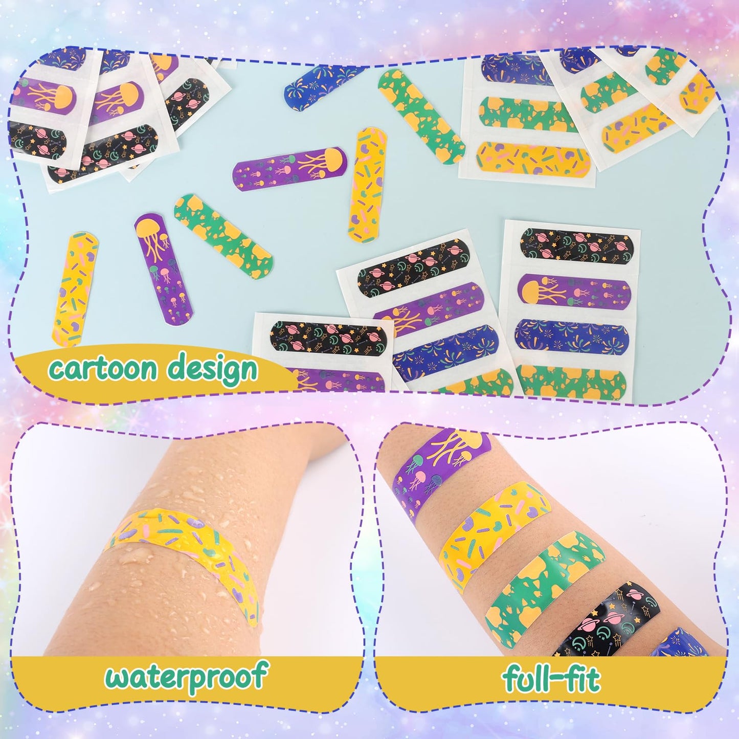 50 Count Kids Bandaids, Glow in The Dark & Waterproof Bandages, One Size Cute Bandaids for Kids and Adults, 5 Styles Adhesive Bandages for Minor Cuts, Scrapes, Wounds and First Aid