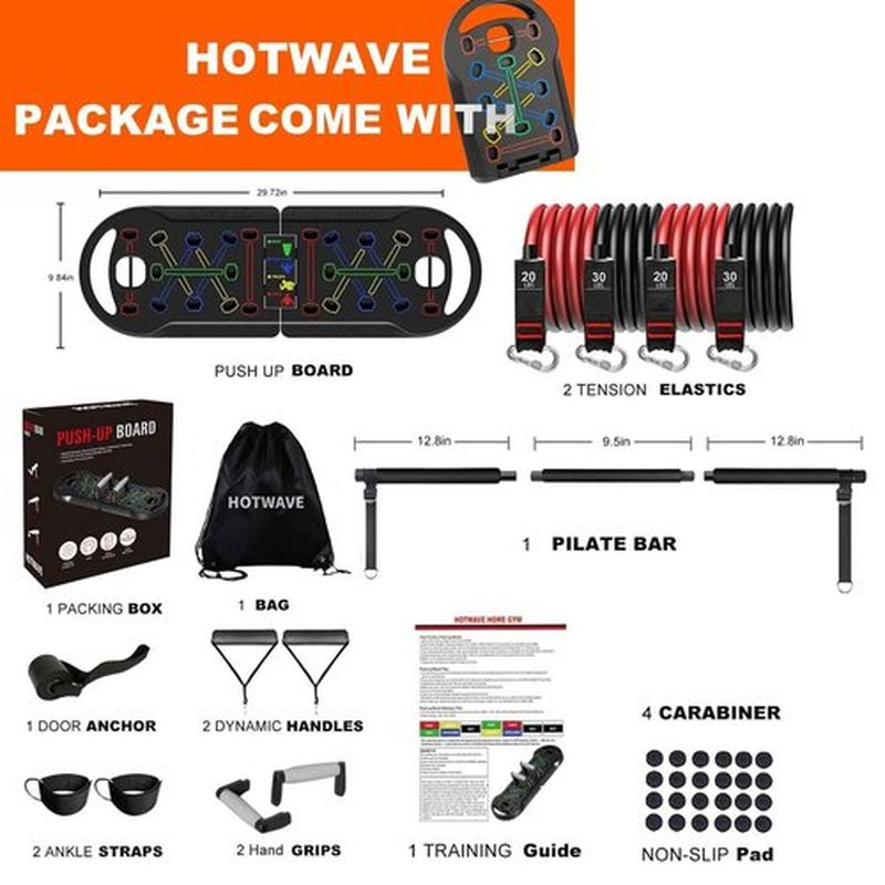 HOTWAVE Portable Exercise Equipment with 16 Gym Accessories.20 in 1 Push Up Board Fitness,Resistance Bands with Ab Roller Wheel,Pilates Bar.Strength Training for Man,Full Body Workout Machine at Home