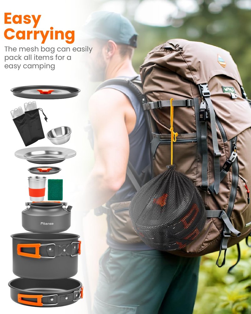 Fitense 21Pcs Camping Cookware Mess Kit for 2, Lightweight Camping Kitchen Pots and Pans Set, Portable Cooking Essentials for Backpacking, Hiking and Picnic