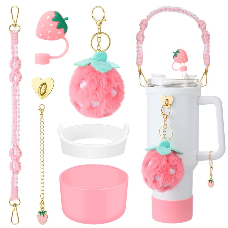 Domensi 6 Pcs Pink Strawberry Accessories Set Compatible with Cup, Pink Water Bottle Handle Strap Tumbler Silicone Straw Cover Charm Strawberry Plush Keychain Gift Decoration