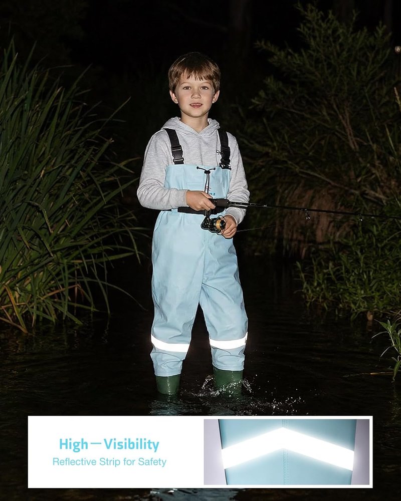 Kids Chest Waders - Youth Waterproof Fishing Waders with Boots | PVC Material, Reflective Safety Band
