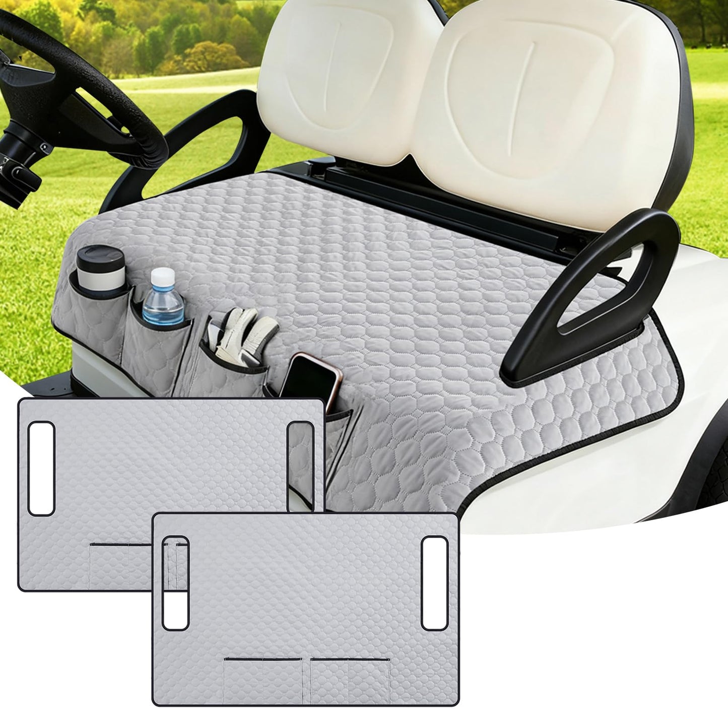 Gilprop 2 Pcs Grey Golf Cart Seat Covers, 51"x 31" Cool and Sweat Absorption Golf Cart Seat Towel Blanket with 4 Front Pockets & Nonskid Pocket and Nonskid Bottom for Home, Party