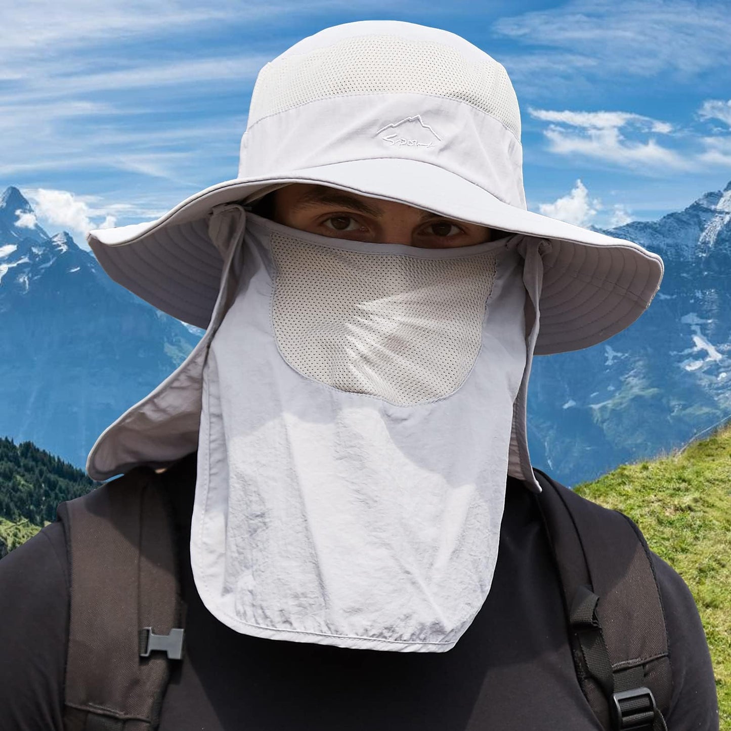 Fishing Hat for Men Sun Protection Hat with Removable Mesh Face Neck Flap Cover Windproof Strap for Men and Women Light Gray
